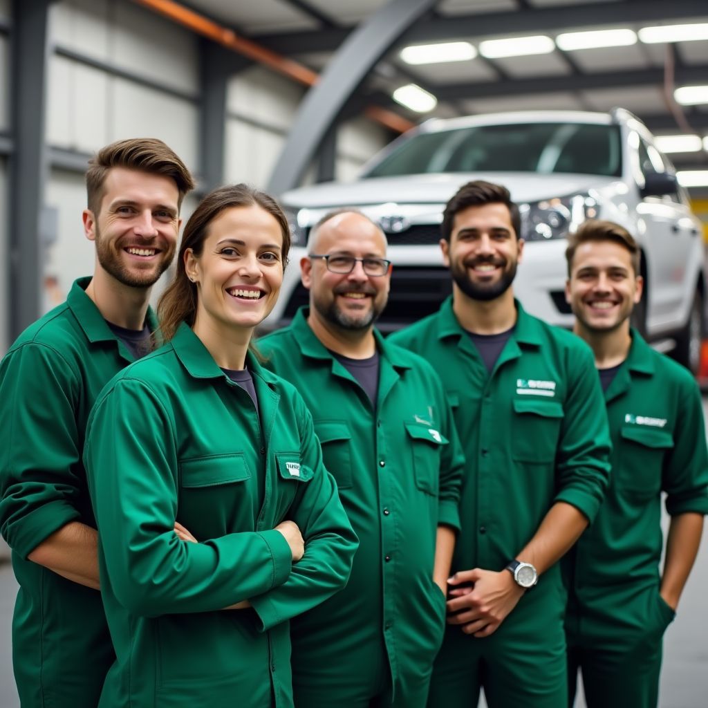 Equipo de EcoAuto Service en frente de nuestro taller moderno
